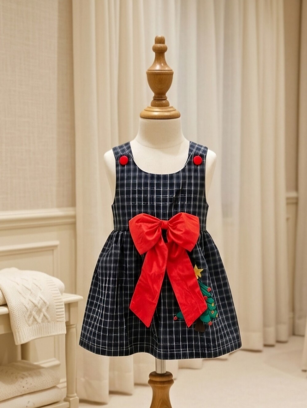 Lil Cactus Christmas Tree Appliqué Plaid Dress with Red Bow | Size 18–24M